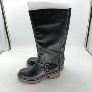 Baretraps Holly Women Black Moto Tall Knee High Lug Sole Buckle Boots 6 M #122